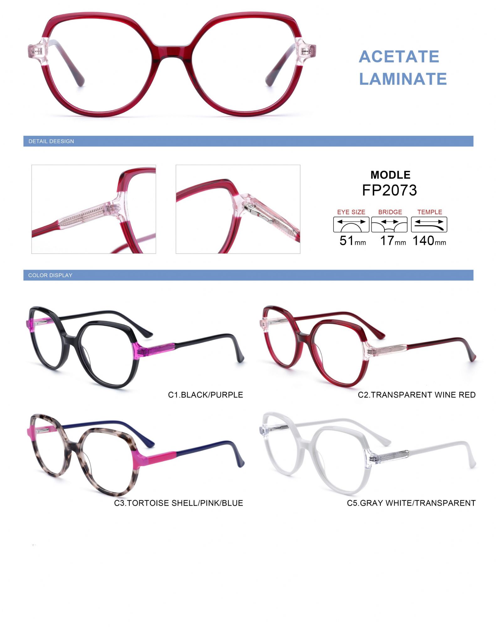 Mariposa Nuevo diseño de gafas de acetato laminado para mujer. MOQ 12pcs/color