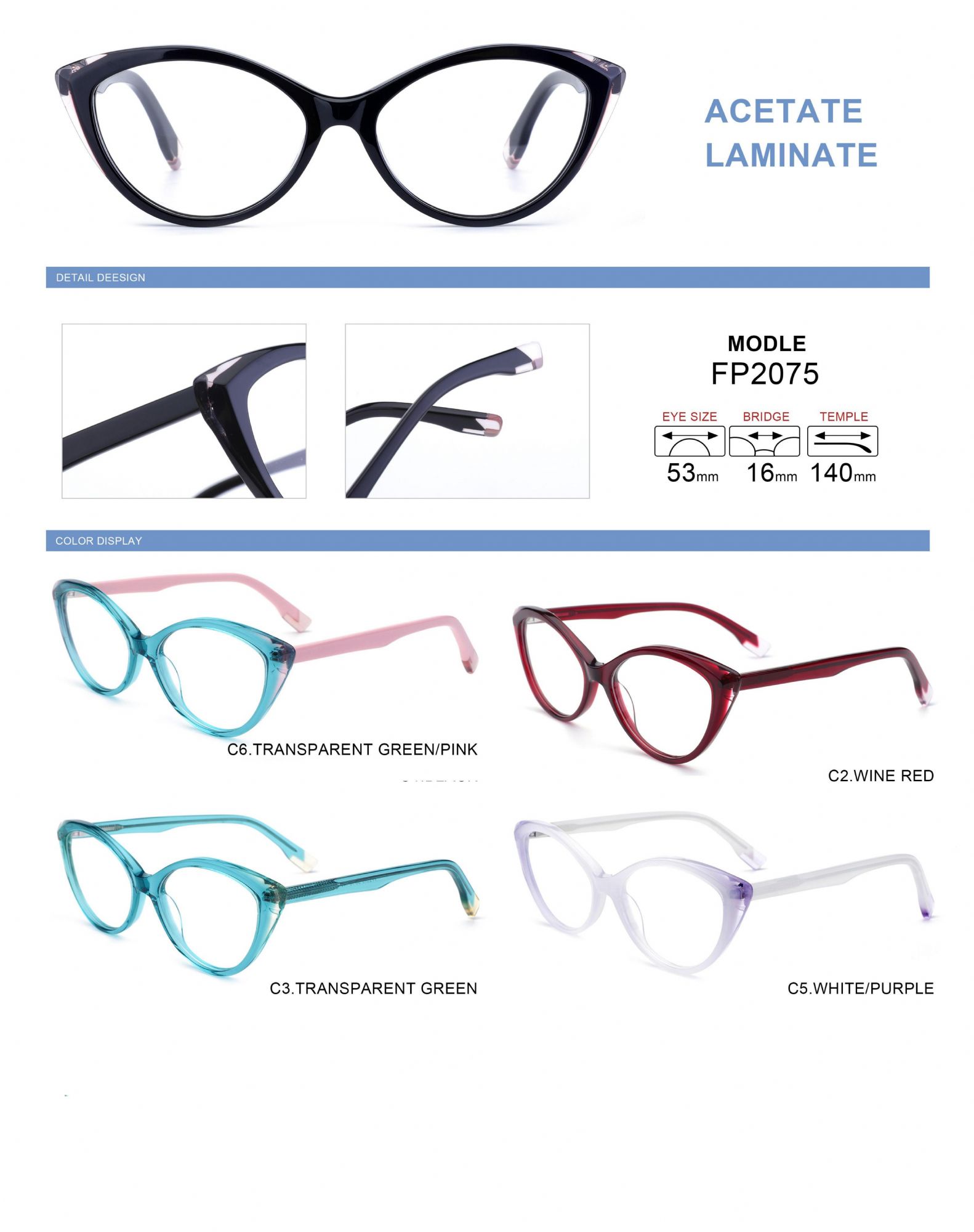 Cat eye monturas de acetato laminadas de nuevo diseño para mujer MOQ 12pcs/color