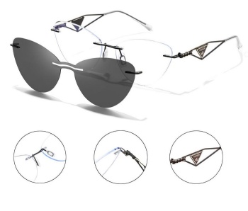 Cat Eye Rimless Vintage metal Polarized Clip on Optical frame